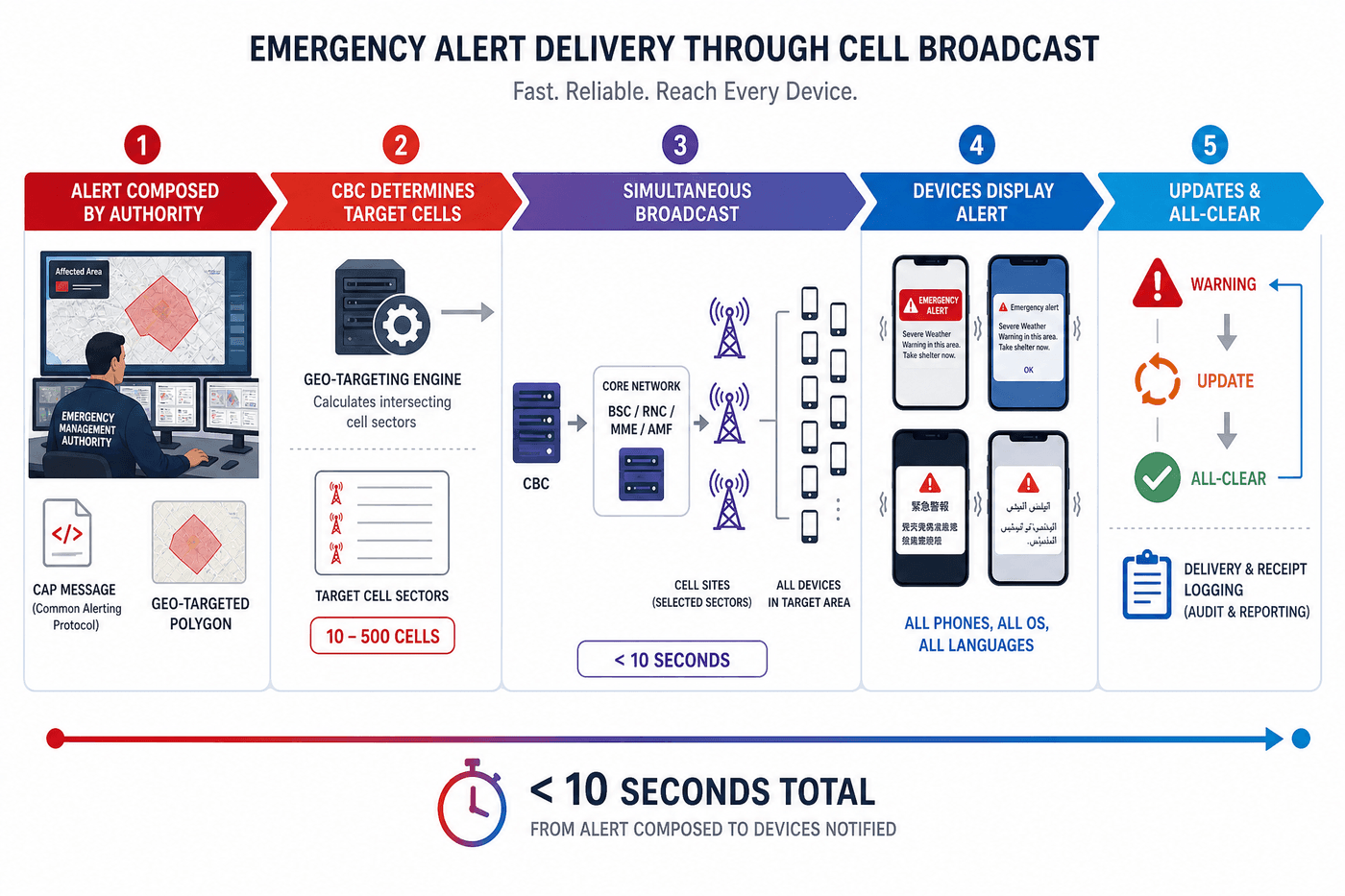 CBC Emergency Alert Flow — from CBE alert composition through geo-targeting, broadcast, device reception, and public response