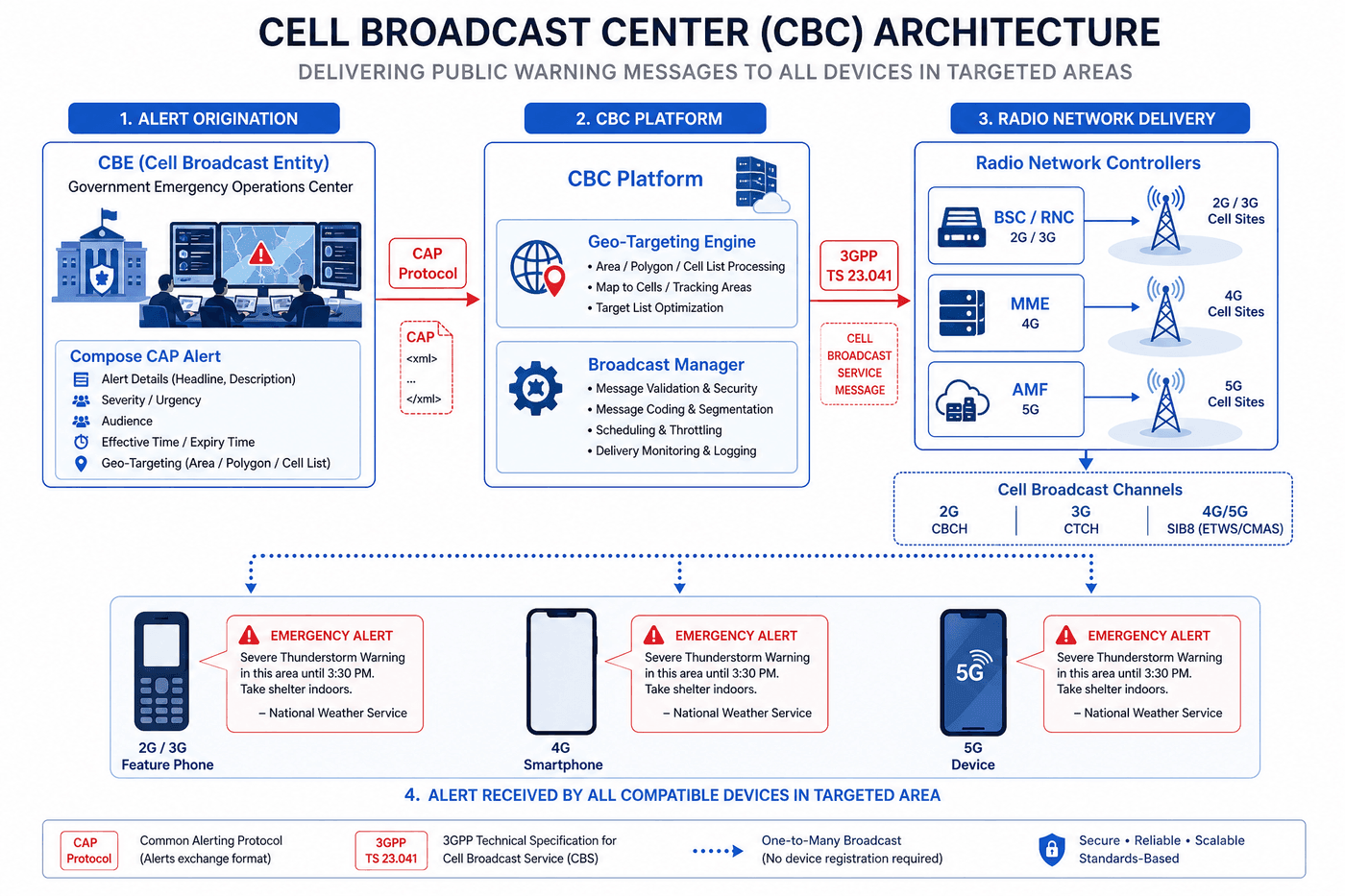 CBC Architecture — Cell Broadcast Center connecting to CBE, CBC, and radio network for geo-targeted emergency alert delivery