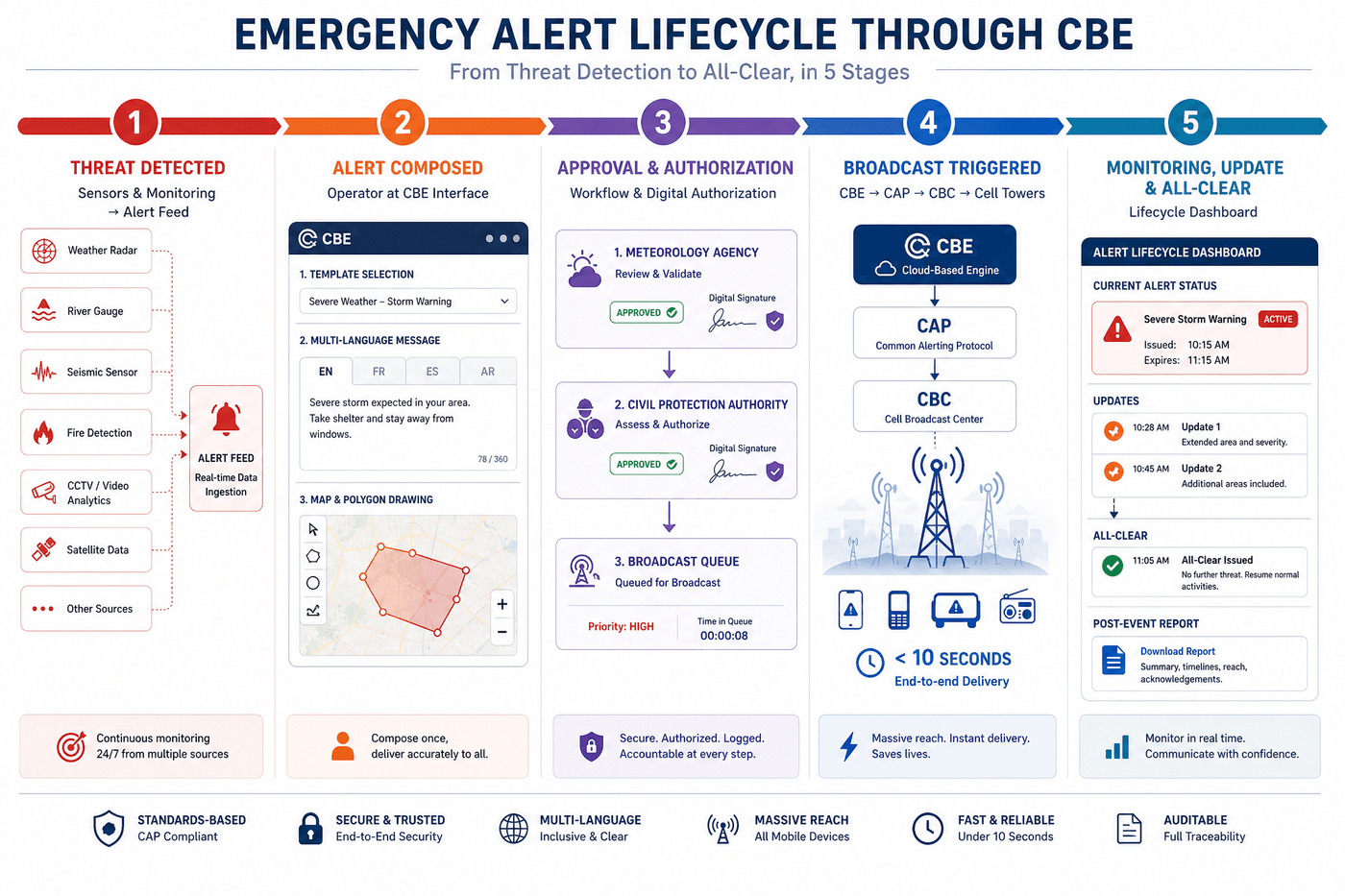 CBE Alert Lifecycle — from threat detection through alert composition, approval, broadcast, and post-event analysis