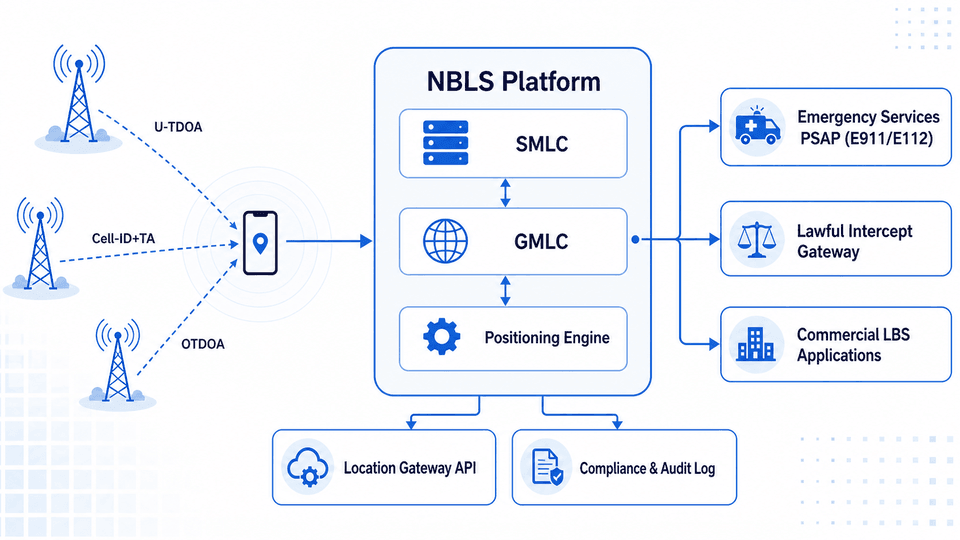 NBLS Architecture — network-based location using cell towers, SMLC/GMLC, and location gateway