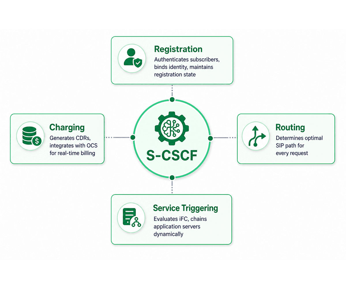 S-CSCF four-function diamond diagram — Registration, Routing, Service Triggering, and Charging radiating from the central S-CSCF node