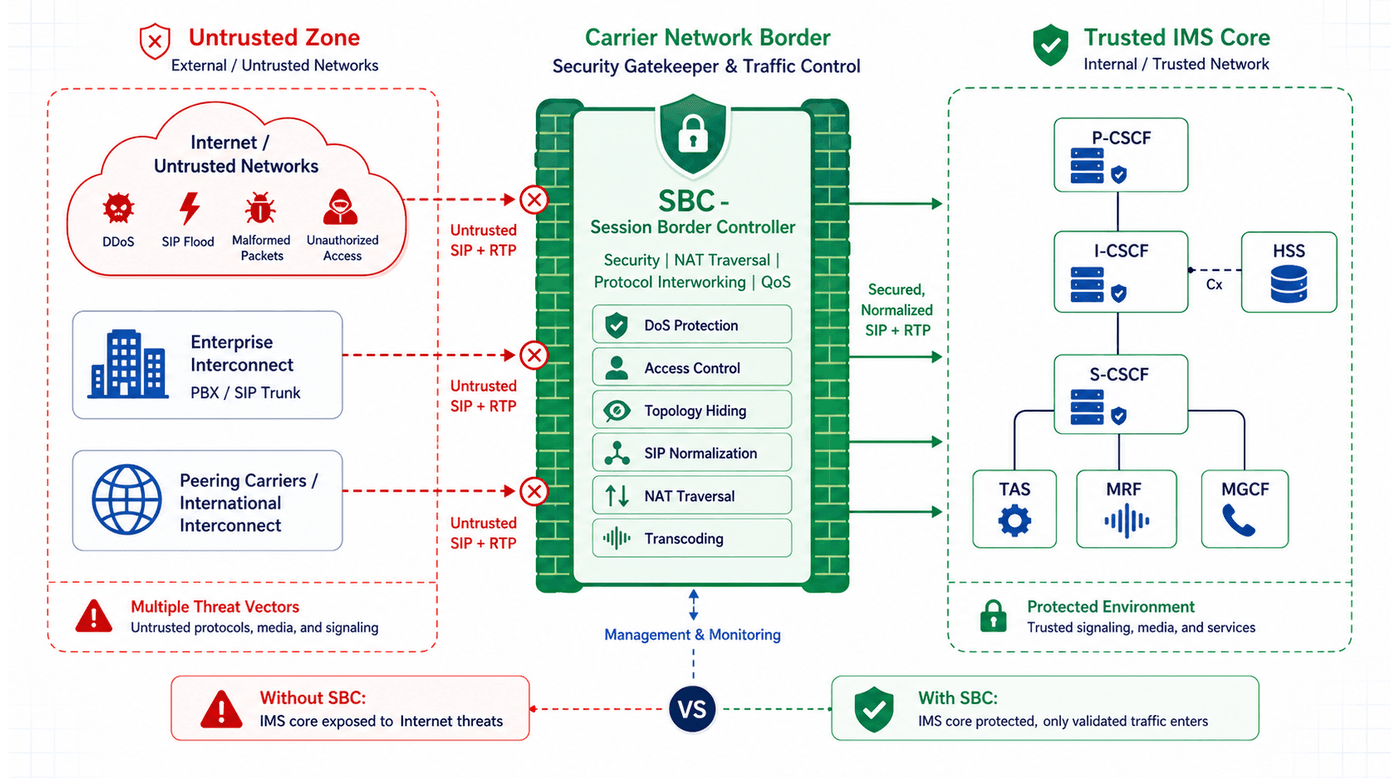SBC network position architecture — complete network topology showing SBC deployed at the carrier network border as security gatekeeper