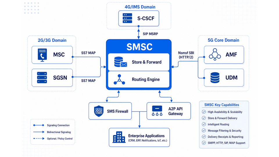 SMSC Architecture — multi-protocol SMS platform connecting 2G/3G (SS7), 4G (IMS/SIP), and 5G (SBI) networks with integrated A2P monetization and SMS firewall