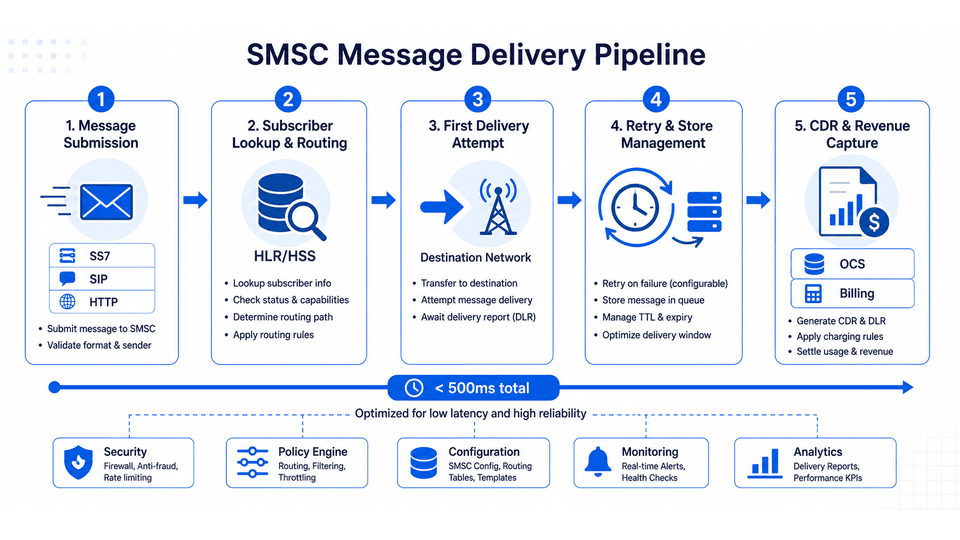 SMSC Message Flow — store-and-forward pipeline from message submission through routing to delivery confirmation